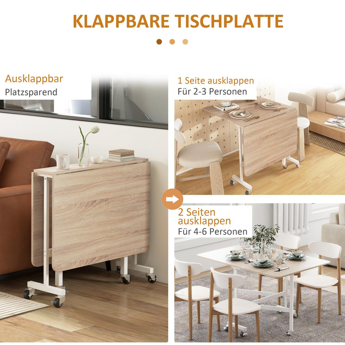 ESSTISCH, Küchentisch mit Rollen, Klapptisch für 4-6 Personen, für Küche, Eiche - Eichefarben/Schwarz, Holzwerkstoff/Metall (120/80/73cm) - HOMCOM