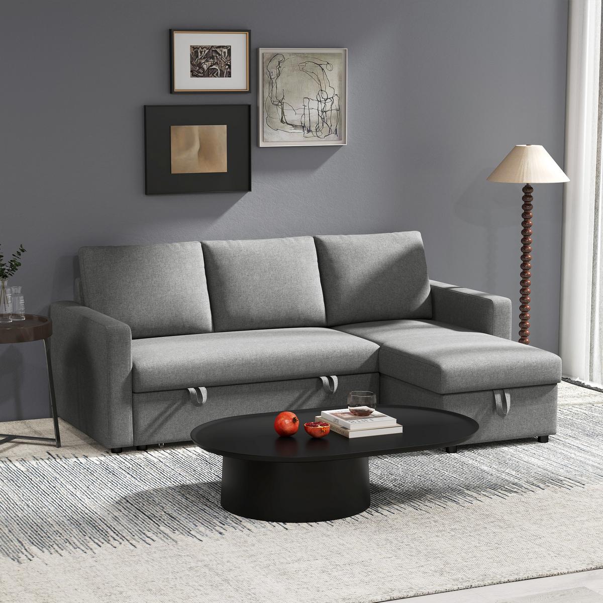 ECKSOFA mit Schlaffunktion Stauraum Eckcouch mit Chaiselongue Schlafsofa L-Form - Hellgrau/Schwarz, Kunststoff/Textil (146/211.5cm) - HOMCOM