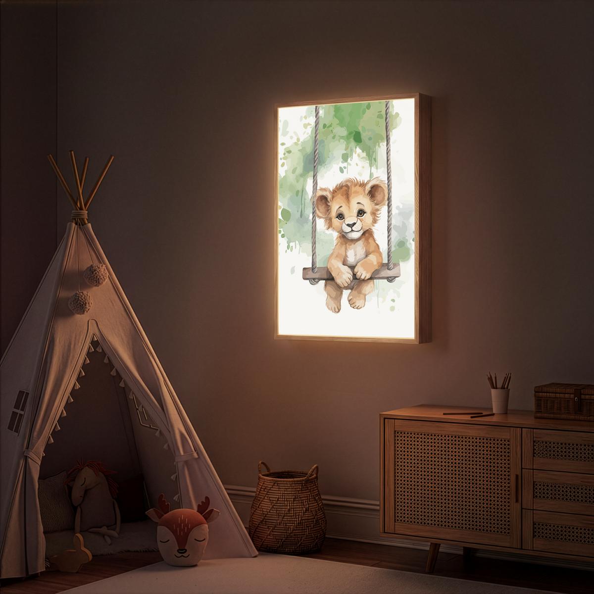 WANDLEUCHTE MIT AKKU Löwe - Tier - Kinder - Dschungel 70x100 cm - Weiß, Holzwerkstoff (70/100/8cm) - OnlyWow