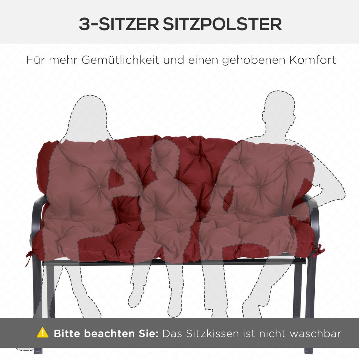 3 Sitzer Bankauflage 150 x 98 x 8 cm, Bankkissen mit Bändern, Sitzkissen Rot - Rot, Kunststoff (150/8/98cm) - Outsunny