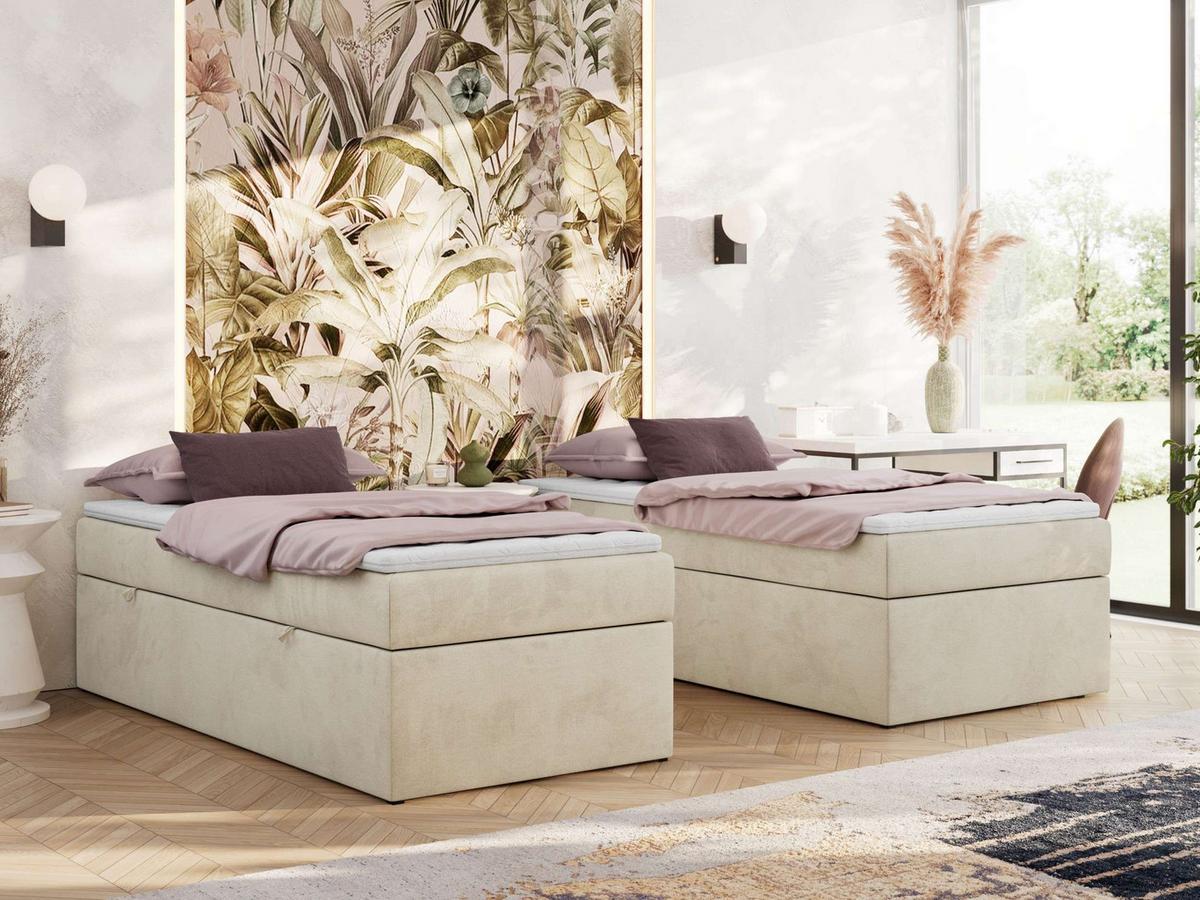 BOXBETT ZERO 90/200 - Beige Velvet - H3 - Topper Visco - Beige, Textil (90/200cm) - MKS