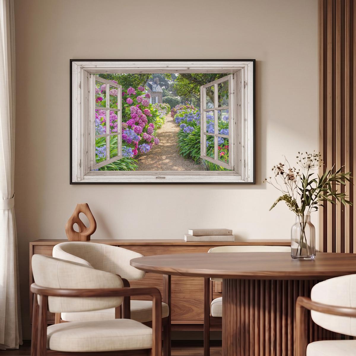 LEINWAND Bilder mit Rahmen - Hortensie - Durchsichtig - Blumen - Sommer - Lila - Weg - 90x60 - Lila, Textil (90/60cm) - MuchoWow