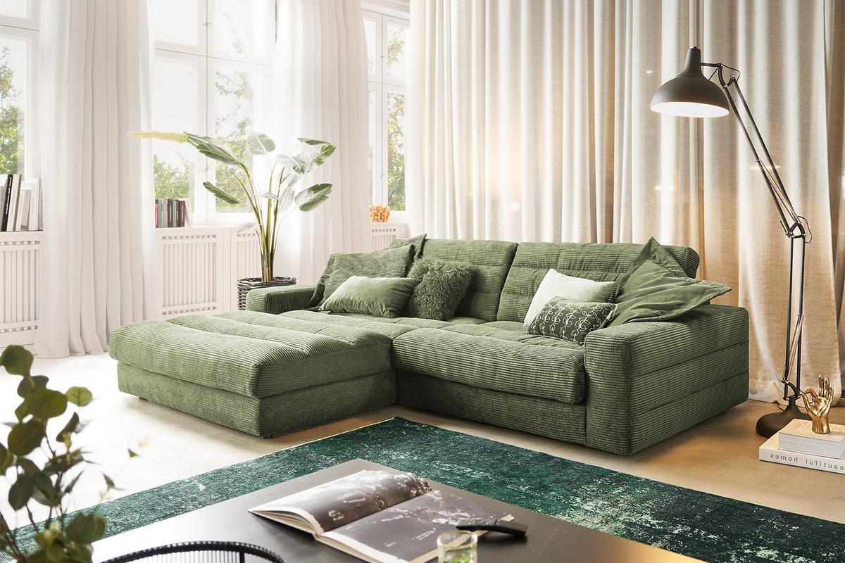 ECKSOFA LANA SOFA Grün Cord - Schwarz/Olivgrün, Textil (296/205cm) - KAWOLA