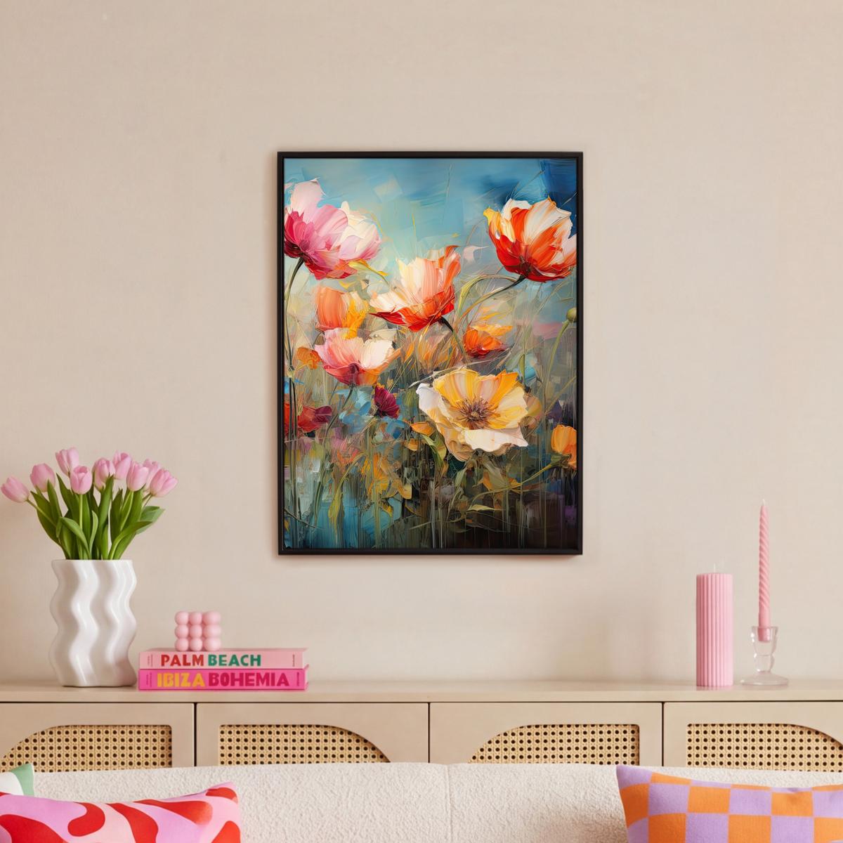 LEINWAND Bilder mit Rahmen - Blumen - Aquarell - Kunst - Botanisch - Natur - 60x80 - Orange, Textil (60/80cm) - MuchoWow