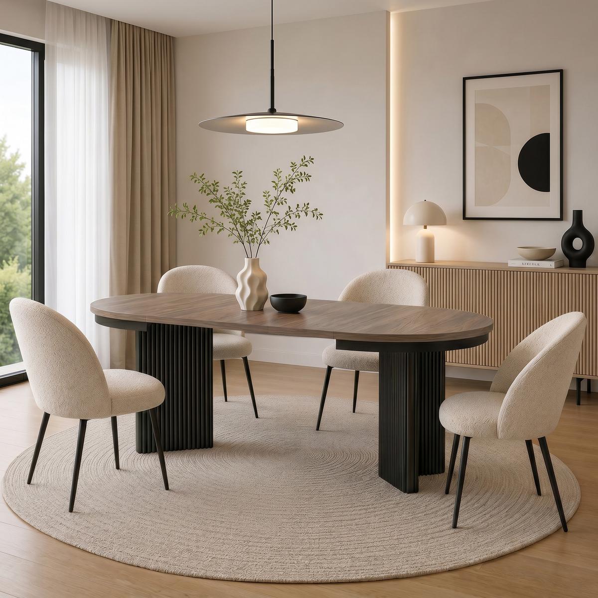 ESSTISCH Prestige runder Design-Tisch, ausziehbar Ø 100–180 cm, Walnuss+Schwarz - Walnussfarben/Schwarz, Metall (100/100/77cm) - Beautysofa