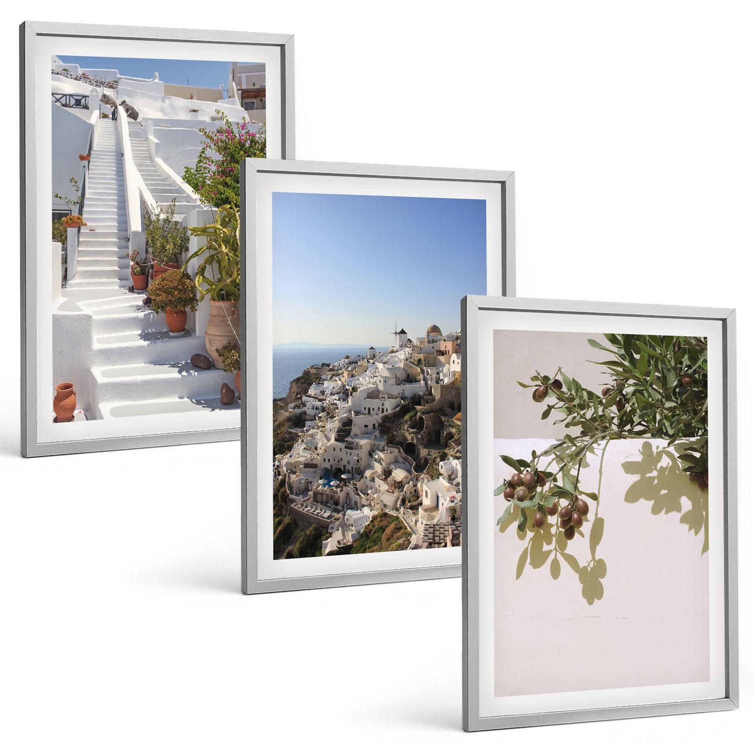 BILDER SET 3er Set - 40x60 cm Silberner Rahmen - Weiße Treppe mit Blick auf Santorini - Silberfarben, Kunststoff (40/60cm) - TULUP