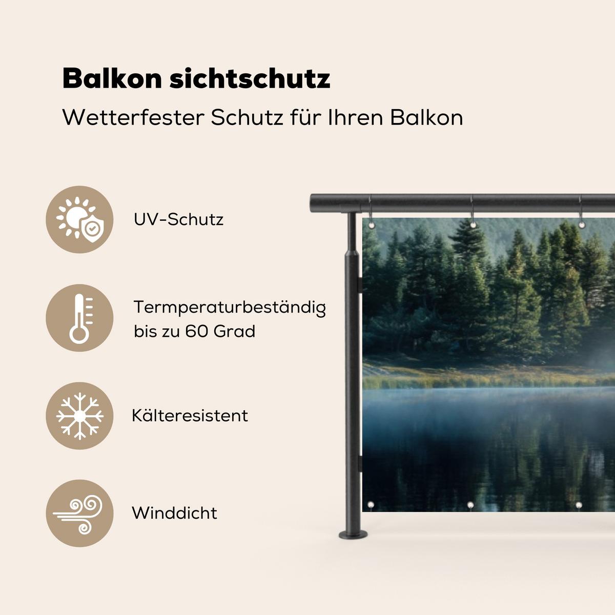BALKON-SICHTSCHUTZ See - Nebel - Berge - Landschaft Deko XXL 500x100 cm - Hellblau, Kunststoff (500/100cm) - MuchoWow