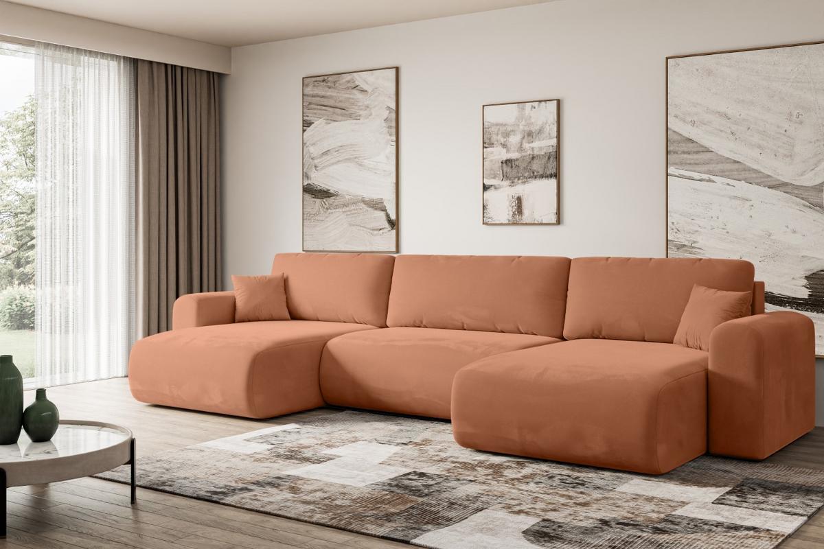 WOHNLANDSCHAFT mit Schlaffunktion und Bettkasten ORRO-U - 362x145x83 cm Koralle Velours - Koralle/Schwarz, Holzwerkstoff/Kunststoff (362/83/145cm) - ALTDECOR