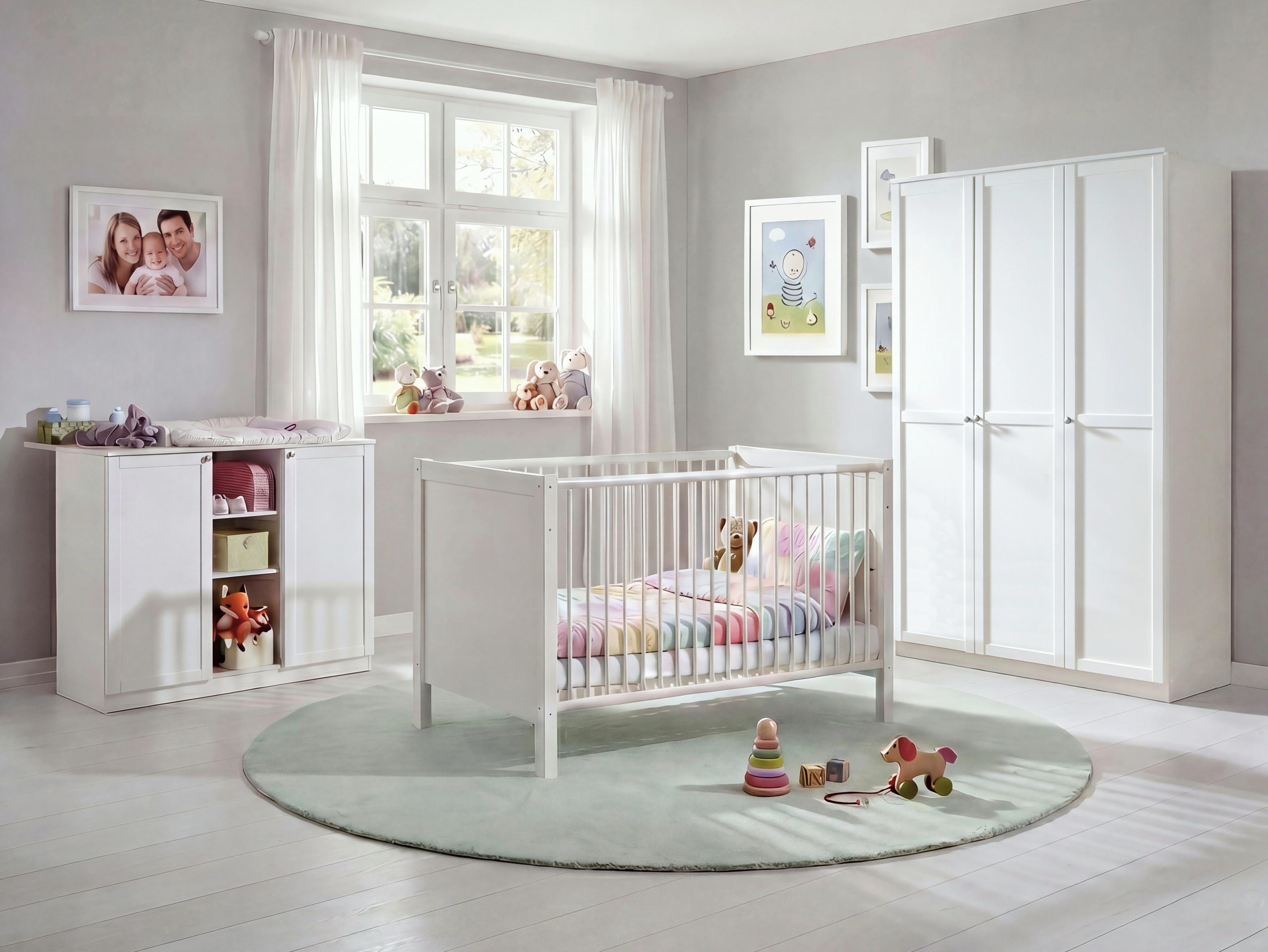 BABYZIMMER-SET 3-teilig: Babybett & Wickelkommode & Kleiderschrank 3-türig B135/H198/T58 cm, Soft-Close, Landhausstil Weiß / 22803 - Silberfarben/Weiß, Holzwerkstoff/Metall (76/83/146cm) - luma-home
