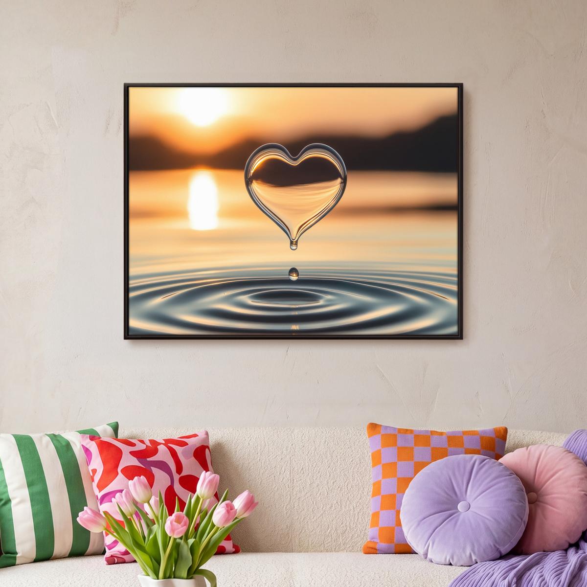 LEINWAND Bilder mit Rahmen - Herz - Wasser - Sonnenuntergang - Natur - Zen - 70x50 - Bernsteinfarben, Textil (70/50cm) - MuchoWow