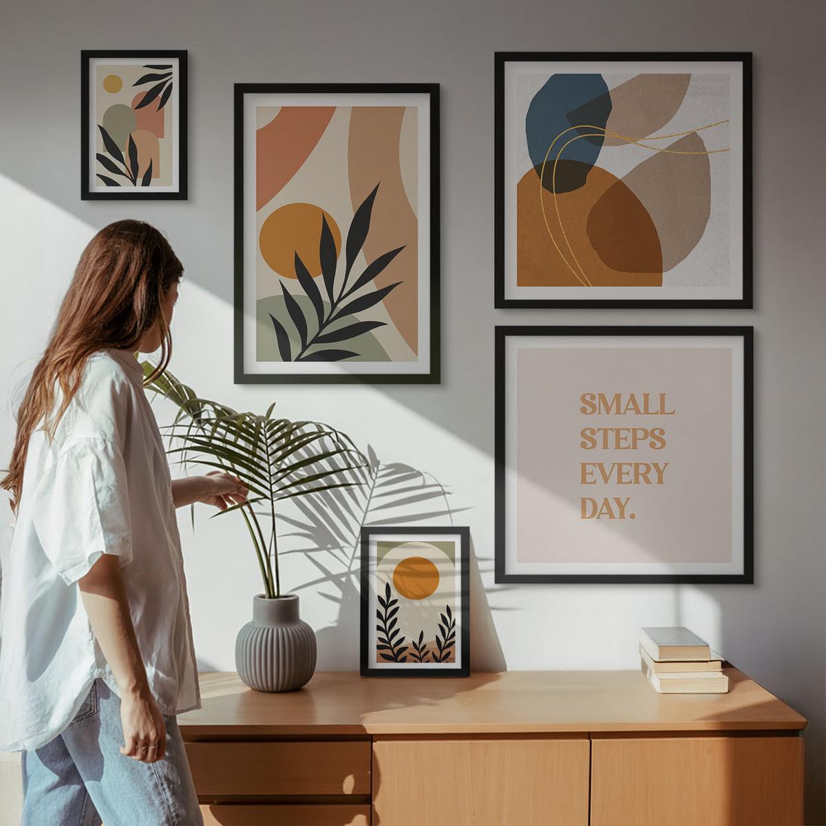 BILDER SET 5er Set - 50x50 cm & 20x30 cm & 40x60 cm Schwarzer Rahmen - Moderne Pflanzenmotive - Schwarz, Kunststoff (40/60cm) - TULUP