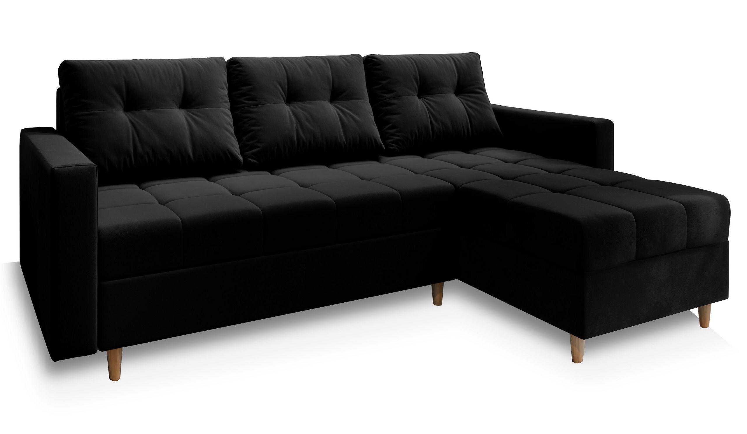 ECKSOFA MILO L Schwarz Plüsch-Stoff mit Schlaffunktion - Schwarz/Braun, Holz/Textil (220/140cm) - MASSENO