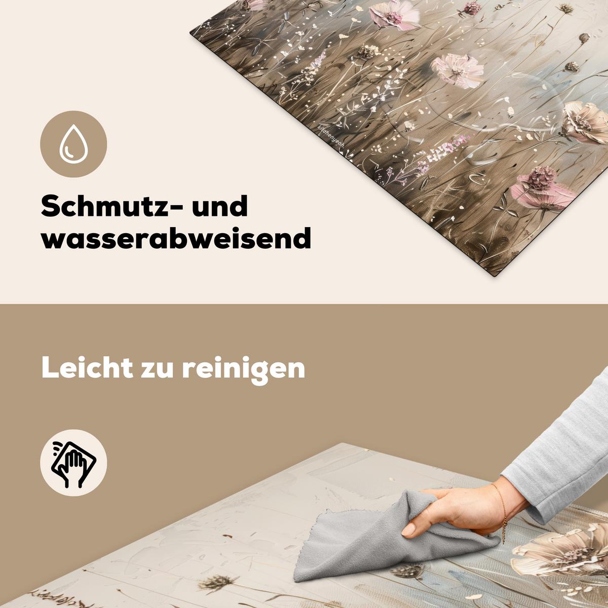 HERDABDECKPLATTE Blumen - Beige - Trockenblumen Induktionsmatte 77x59 cm - Beige, Kunststoff (77/59/0.2cm) - MuchoWow