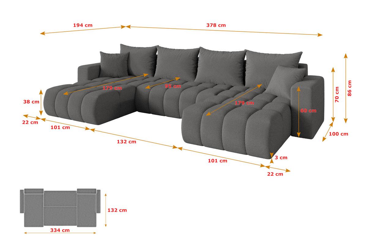 WOHNLANDSCHAFT mit Schlaffunktion und Bettkasten MILA-U-v1 378x194x86 Grau Bouclé - Schieferfarben/Schwarz, Holzwerkstoff/Kunststoff (378/86/194cm) - ALTDECOR