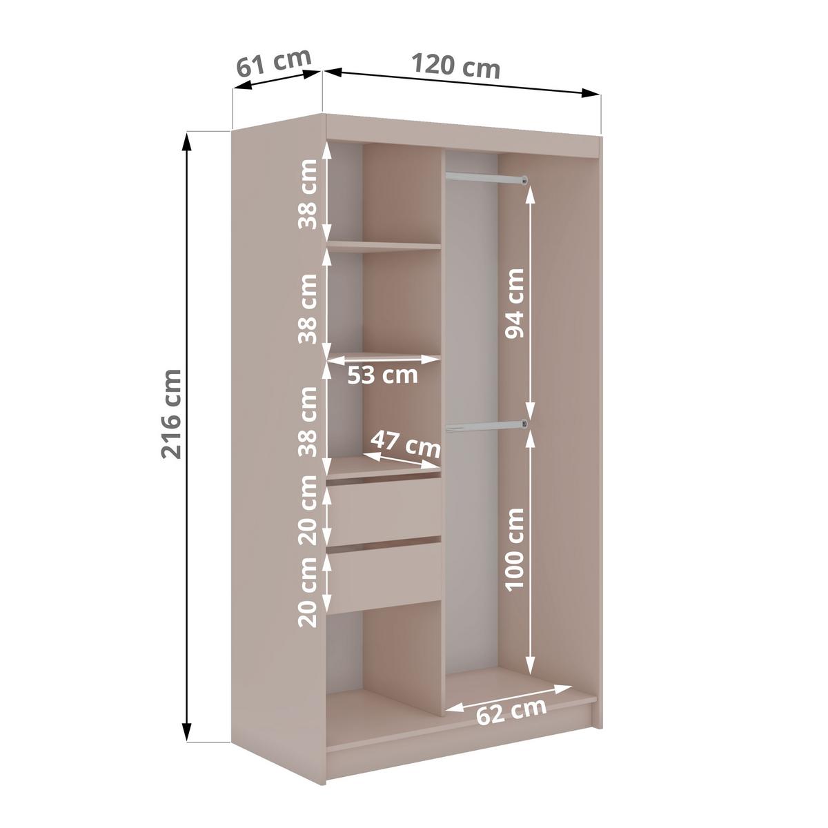 SCHWEBETÜRENSCHRANK mit Spiegel und Schubladen - WALENCJA - 120 - Kaschmir-Grau lacobel - Kaschmir/Alufarben, Holzwerkstoff/Metall (120/216/61cm) - MKS