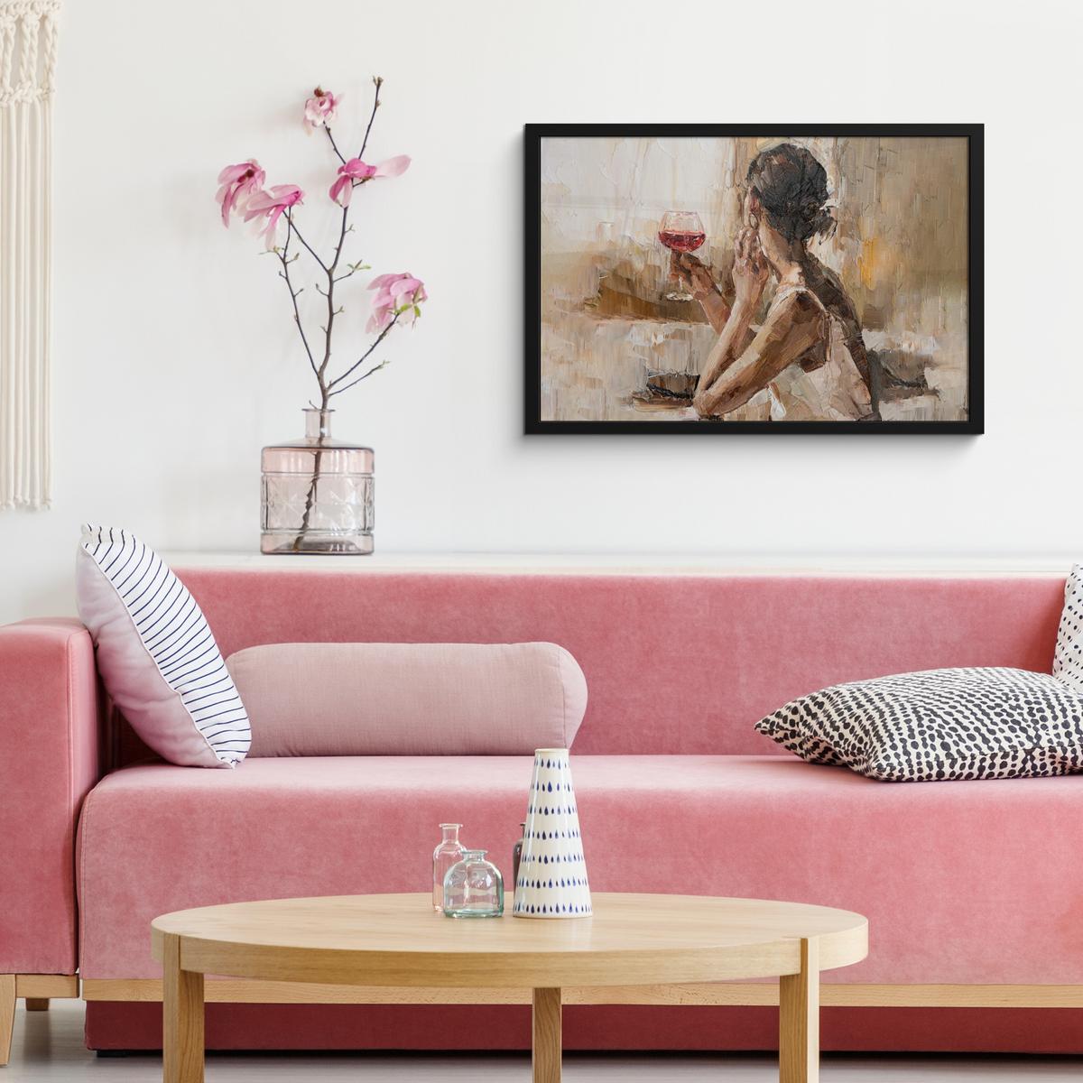 POSTER MIT RAHMENGERAHMTES BILD Ölgemälde - Frau - Wein 60x40 cm - Hellbraun, Papier (60/40cm) - MuchoWow