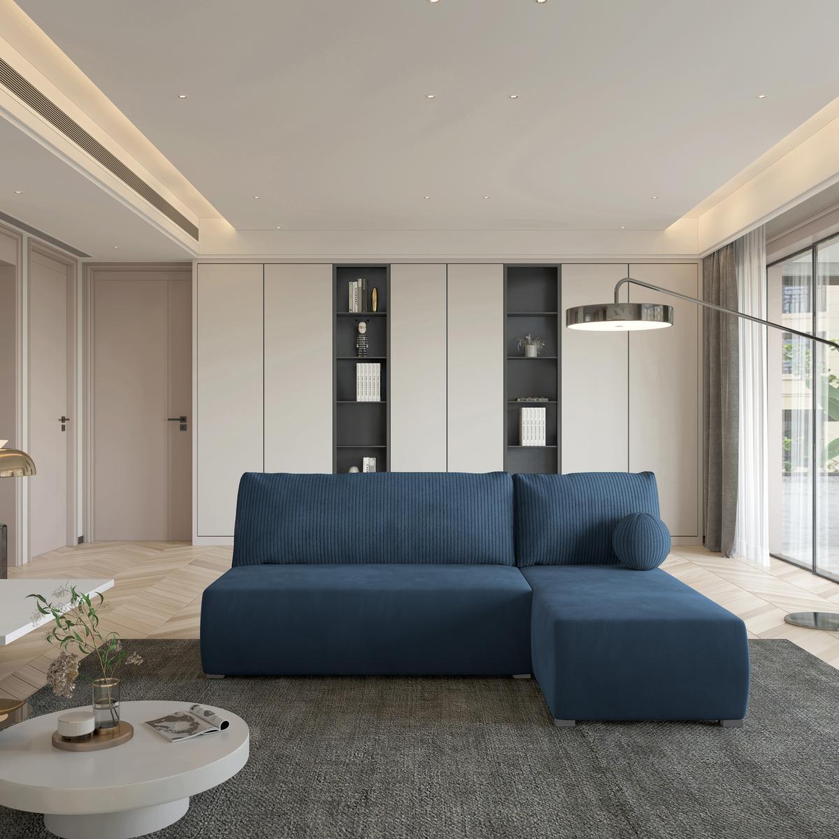 ECKSOFA PARVELO Blau Plüsch-Stoff mit Schlaffunktion - Blau, Holz (200/143cm) - MASSENO