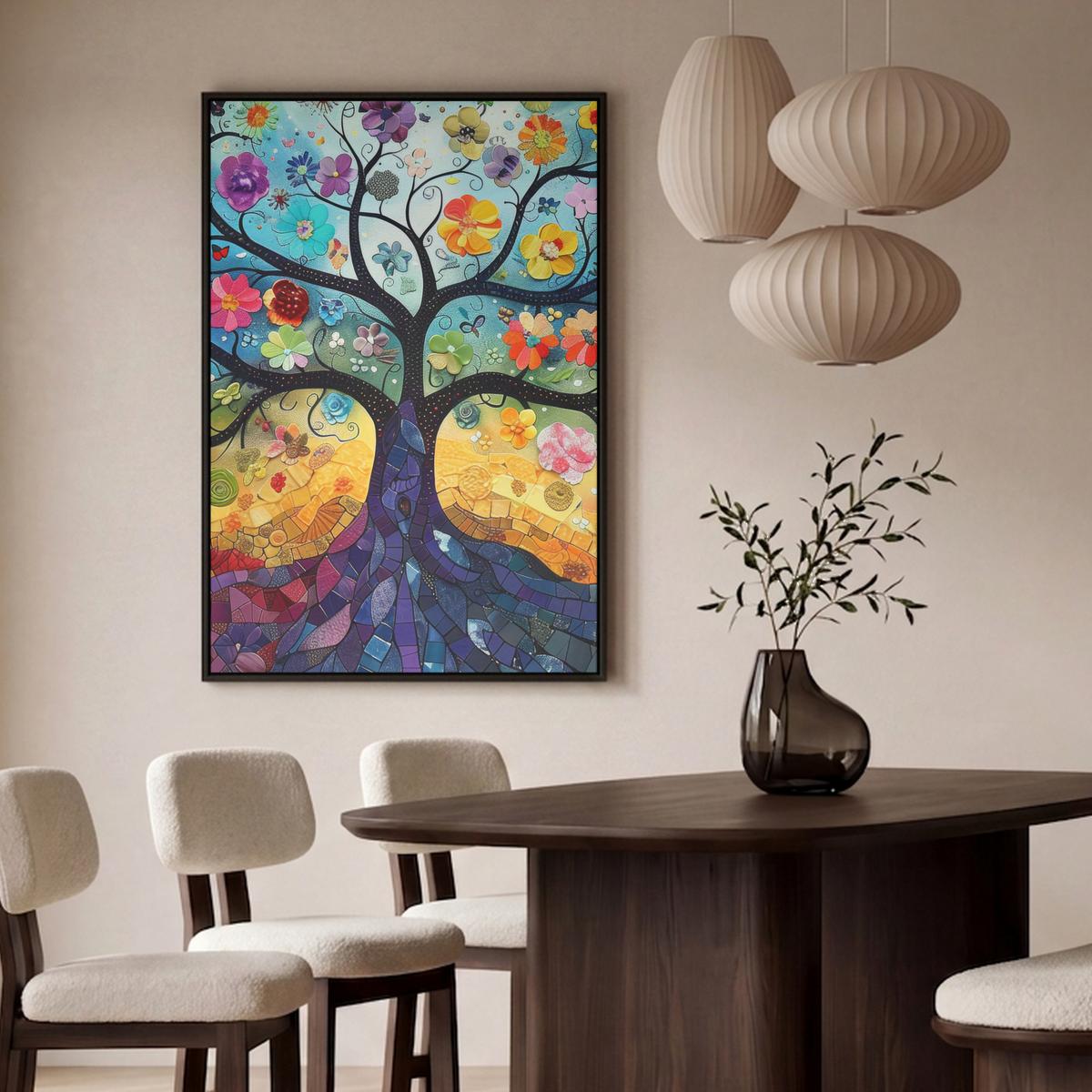 LEINWAND Bilder mit Rahmen - Kunst - Baum des Lebens - Blumen - Hippie - 100x150 - Dunkelblau, Textil (100/150cm) - MuchoWow