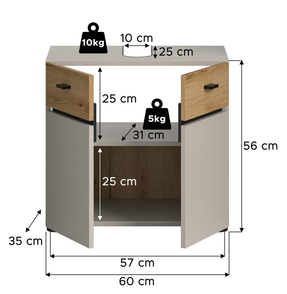 WASCHBECKENUNTERSCHRANK Kaschmir, Eiche Evoke 60 cm, Badschrank 2-türig - Kaschmir/Eichefarben, Holzwerkstoff/Kunststoff (60/56/35cm) - Inn.Furn