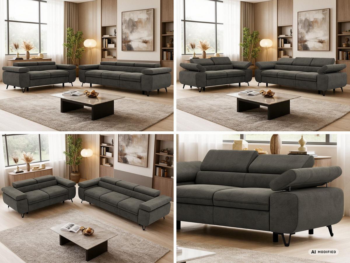 SITZGARNITUR PETER 2+3 - Dunkelgrau Velvet - Dunkelgrau/Schwarz, Textil/Metall (262/76/99cm) - MKS