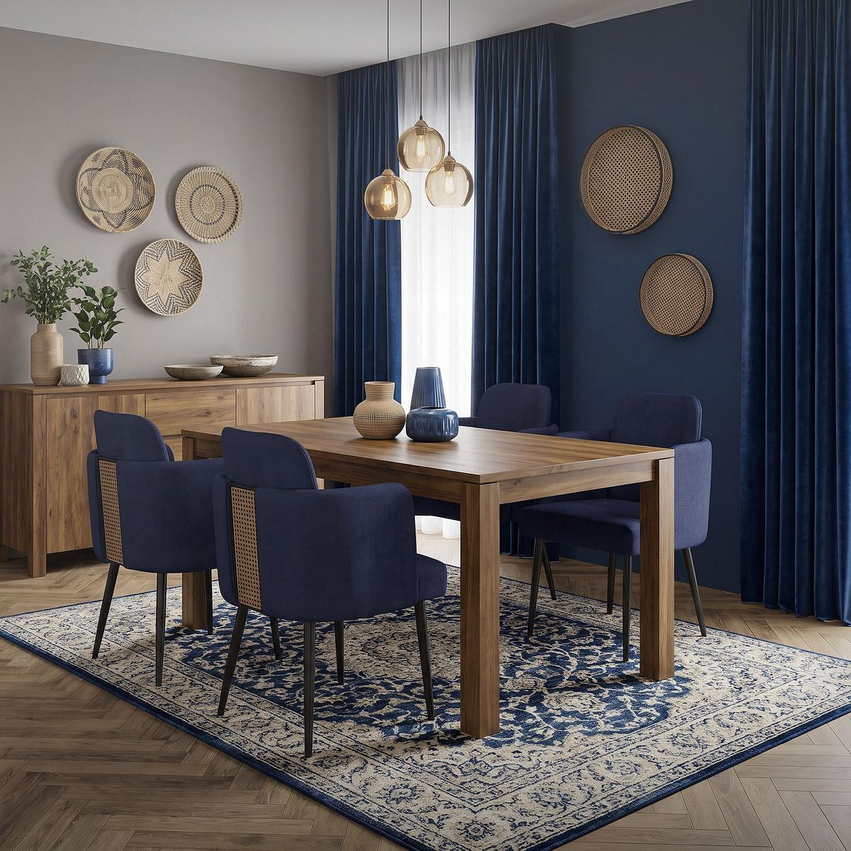 ESSZIMMERSTÜHLE 2er Set Dunkelblau mit Stoffbezug Rattan Optik - Schwarz/Dunkelblau, Textil/Metall (59/86/59cm) - ML-DESIGN