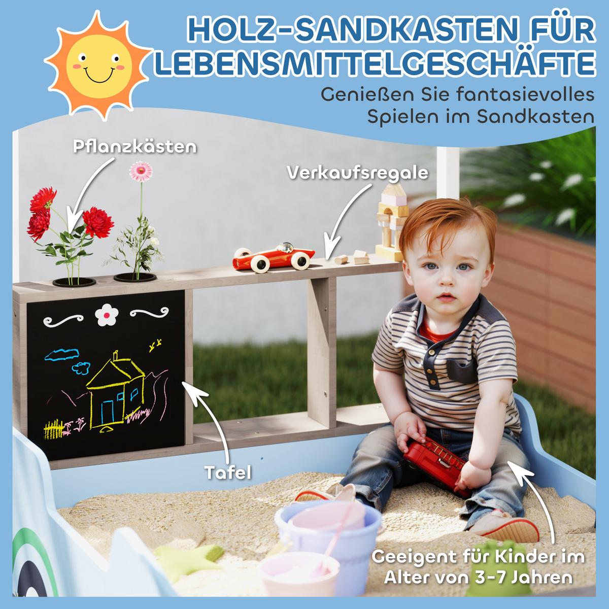 SANDKASTEN mit Dach, 90 x 108 cm Sandkiste aus Holz Sandbox mit Sitzbank Blau - Blau, Holz (108/90/104cm) - AIYAPLAY