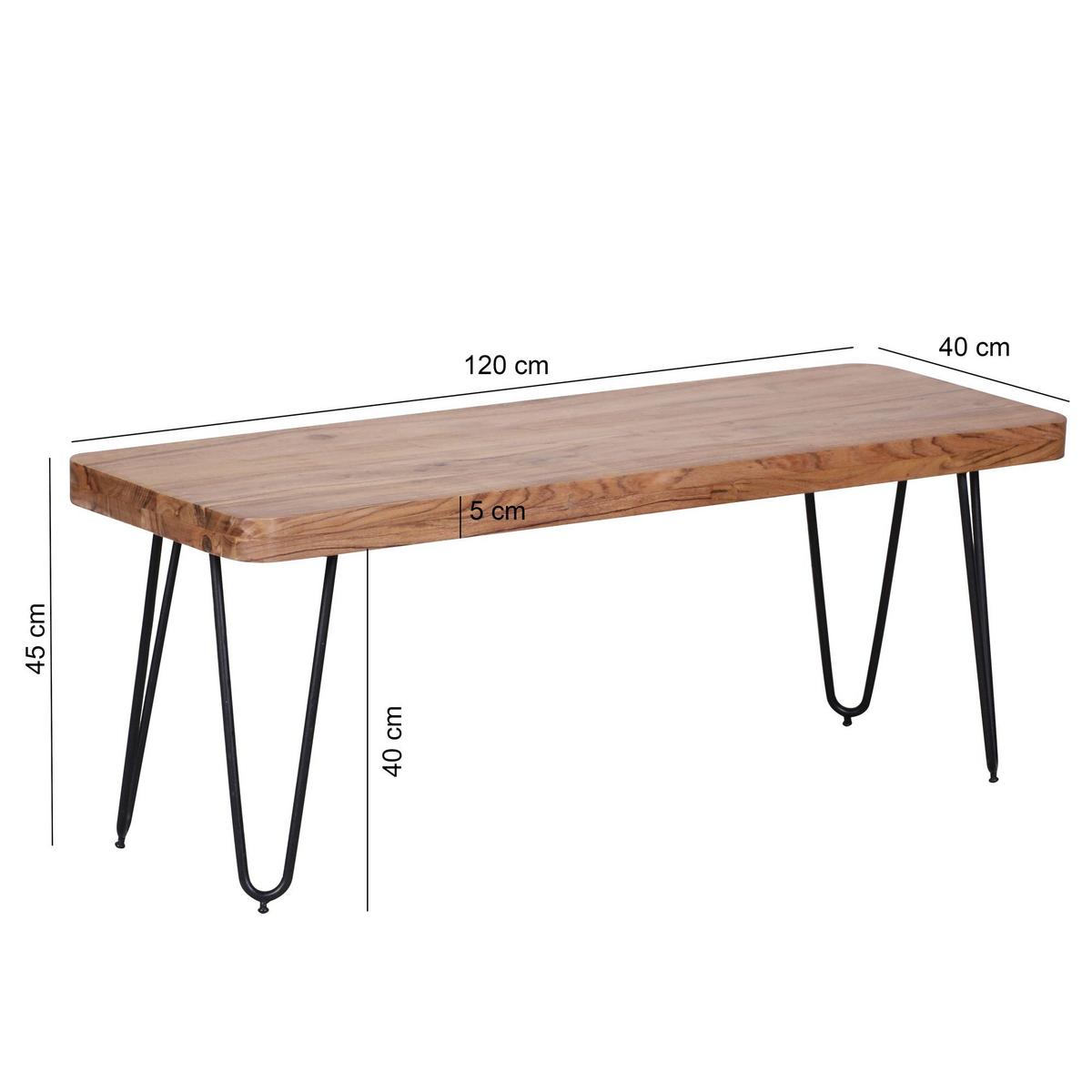 ESSZIMMERBANK BAGLI Massivholz Landhausstil, Akazie 120x40x45 cm - Schwarz/Akaziefarben, Holz/Metall (120/45/40cm) - KADIMA DESIGN