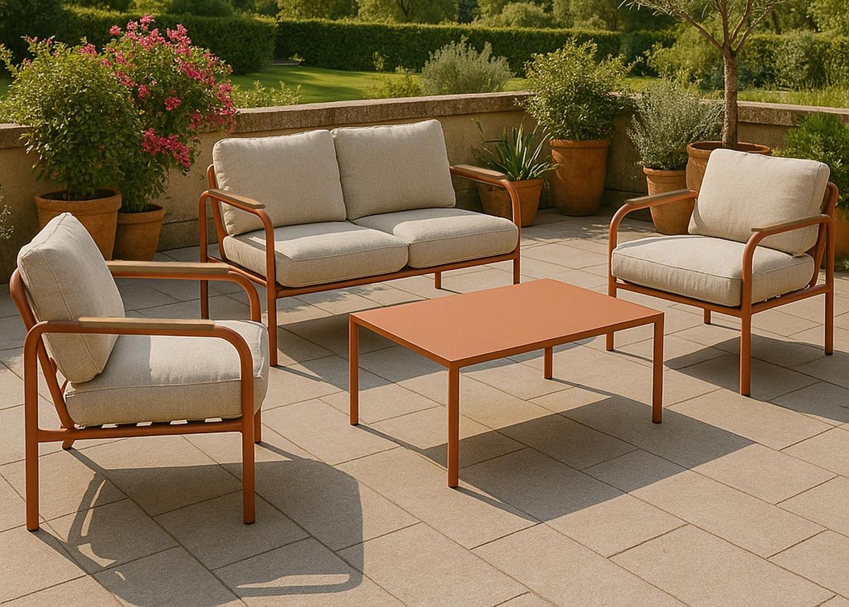GARTENGARNITUR Rot, Beige 1x 2-Sitzer Gartenbank, 2x Sessel und 1x Tisch-Set - Beige/Rot, Metall - MCW