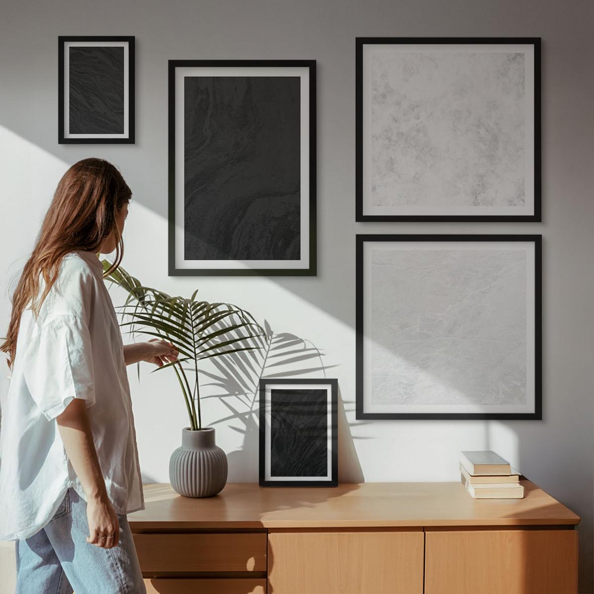 BILDER SET 5er Set - 50x50 cm & 20x30 cm & 40x60 cm Schwarzer Rahmen - Dunkles Licht, glamouröse Marmor - Schwarz, Kunststoff (40/60cm) - TULUP