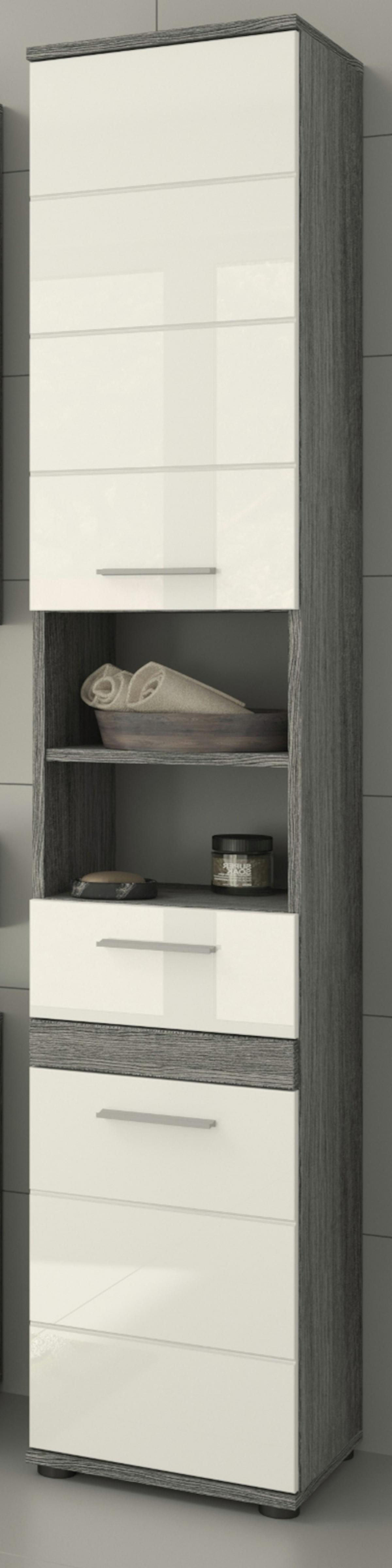 HOCHSCHRANK weiß Hochglanz, grau 35 cm, Badschrank mit 6 Fächern - Weiß Hochglanz/Silberfarben, Holzwerkstoff/Kunststoff (35/191/31cm) - Inn.Furn