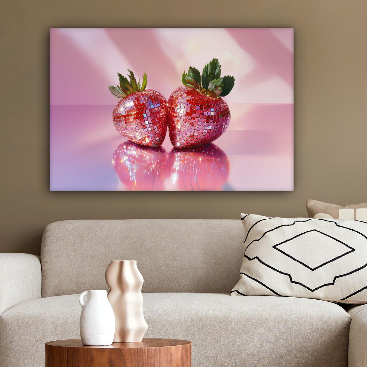 LEINWANDBILD Disco - Obst - Glitzer - Erdbeere Wanddeko 90x60 cm - Pink, Textil (90/60cm) - MuchoWow