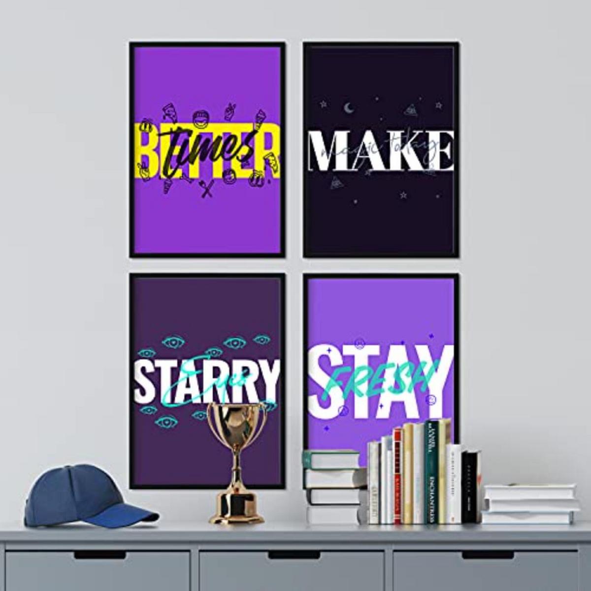 POSTER Set mit 4 lila Etikettendesign und Motivationsnachrichten A3 Schwarzer Rahmen - Schwarz, Papier (29.7/3cm) - Nacnic
