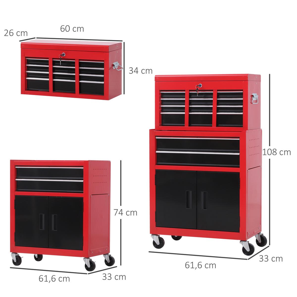 WERKSTATTWAGEN mit Werkzeugkasten 2 Schlüssel Metall Rot+Schwarz - Multicolor, Metall (33/108/61.6cm) - HOMCOM