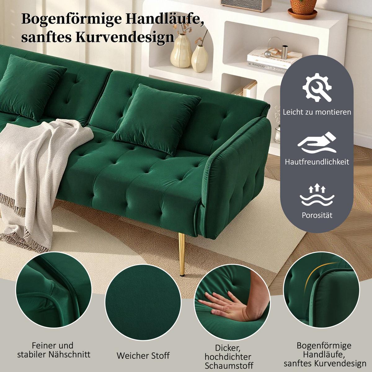 SCHLAFSOFA 2-in-1 Funktion Velours - Grün, Kunststoff (178/70/82cm) - Urban Meuble