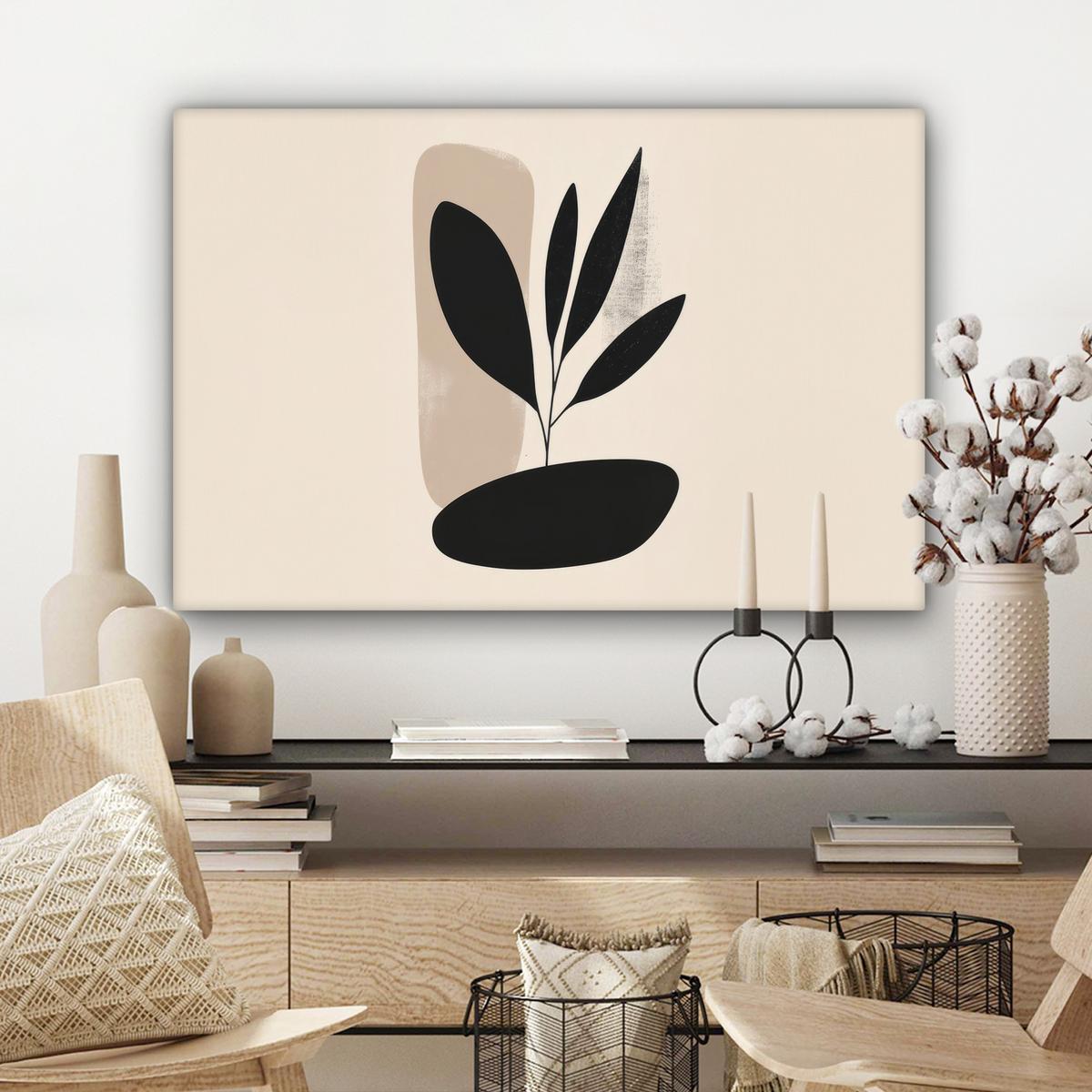 LEINWANDBILD Pflanze - Beige - Japanisch Gemälde 60x40 cm - Schwarz, Textil (60/40cm) - MuchoWow