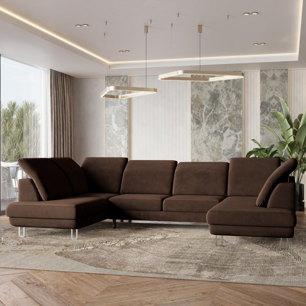 WOHNLANDSCHAFT TERAMO Braun Velours-Stoff mit Schlaffunktion - Silberfarben/Braun, Holz/Textil (316/88/193cm) - MASSENO