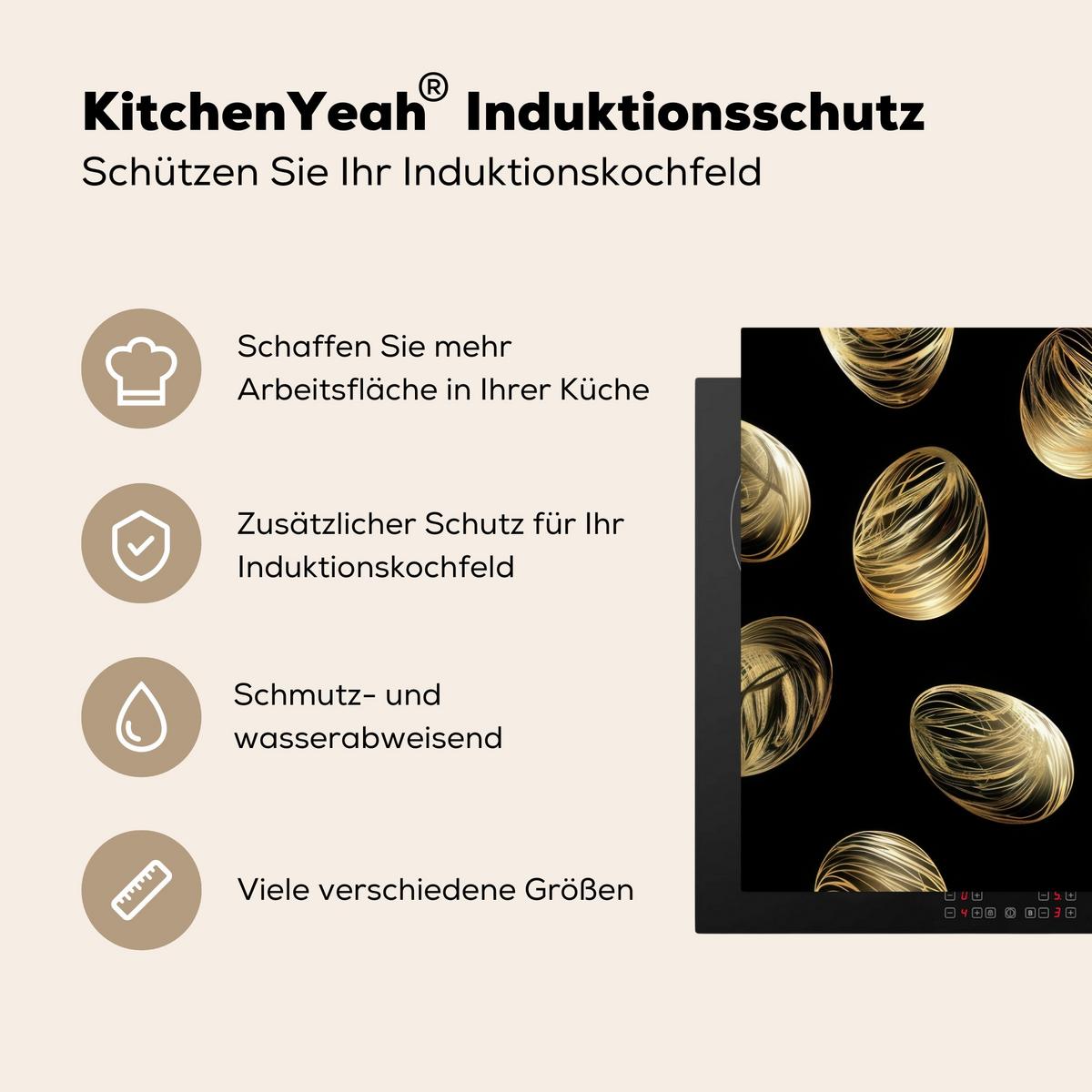 HERDABDECKPLATTE Eier - Gold - Muster Ceranfeldabdeckung 80x52 cm - Schwarz, Kunststoff (80/52/0.2cm) - MuchoWow