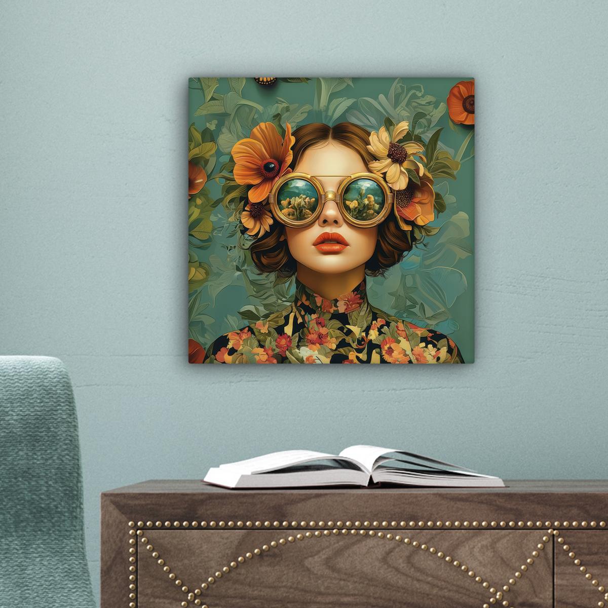 LEINWANDBILD Frau - Blumen - Schmetterlinge - Natur - Vintage Deko Wohnzimmer 20x20 cm - Salbeigrün, Textil (20/20cm) - MuchoWow