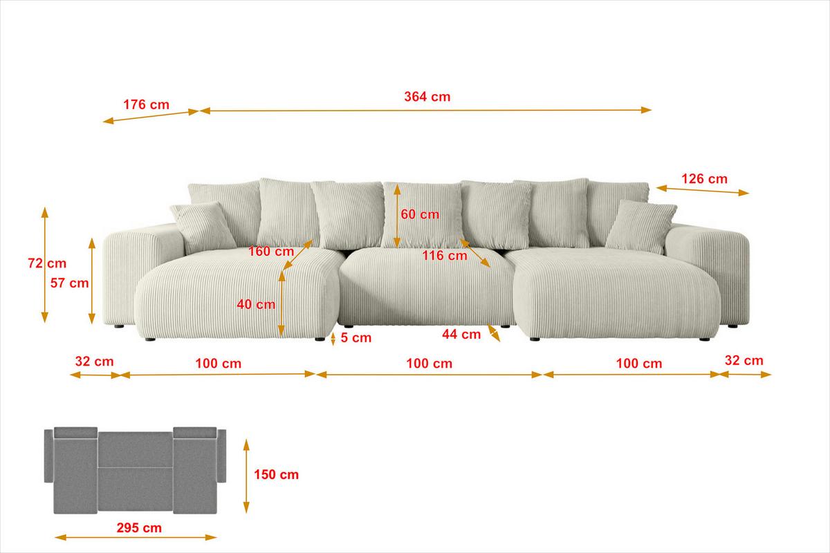 WOHNLANDSCHAFT mit Schlaffunktion ESKAR-U -364x176x72cm Creme Cord - Hellgrau/Creme, Holzwerkstoff/Kunststoff (364/72/176cm) - ALTDECOR