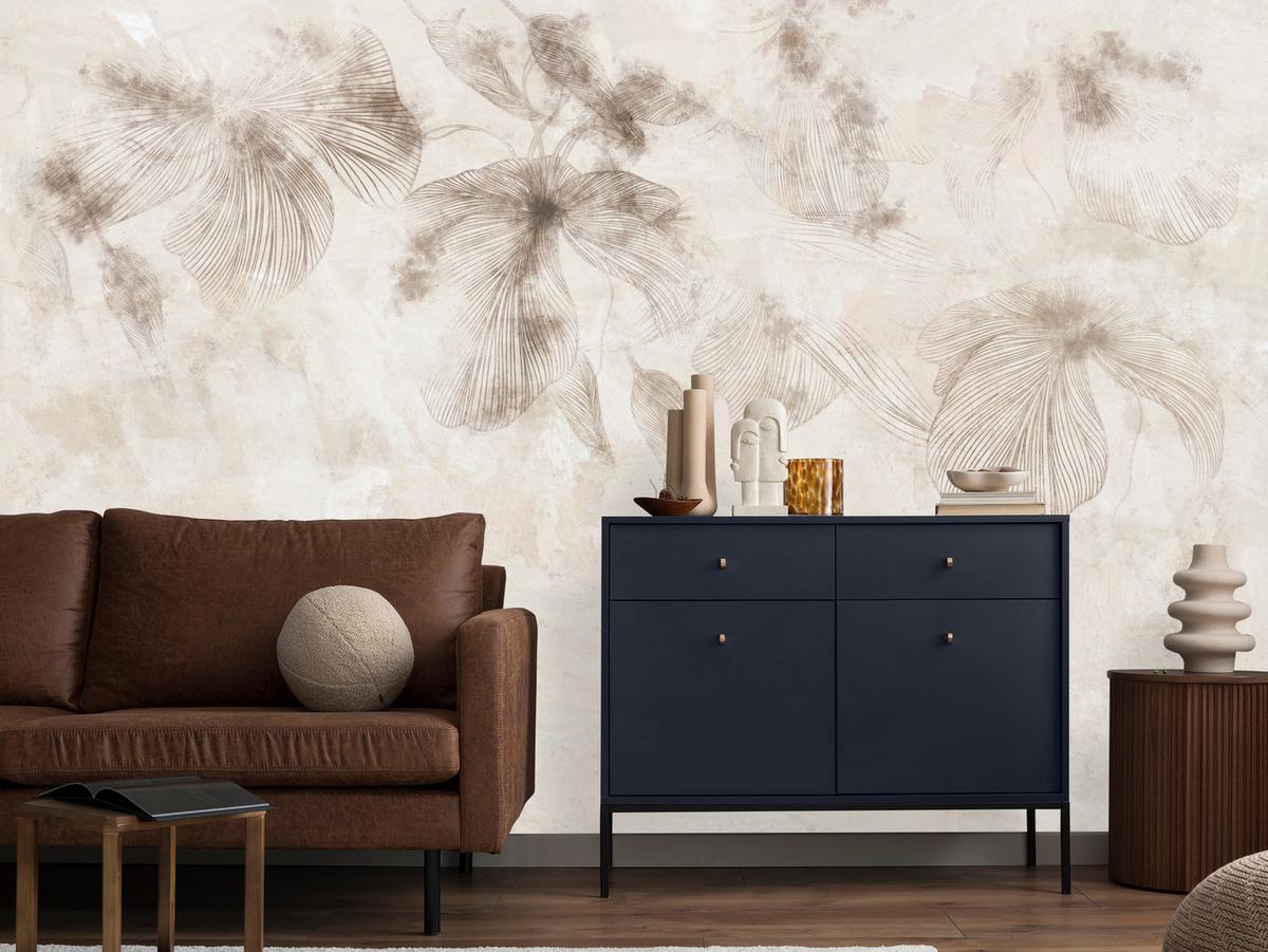 FOTOTAPETE für Wohnzimmer Boho Blumen auf Beton Natur Vintage 450x315 - Beige/Braun, Papier (450/315cm) - Muralo