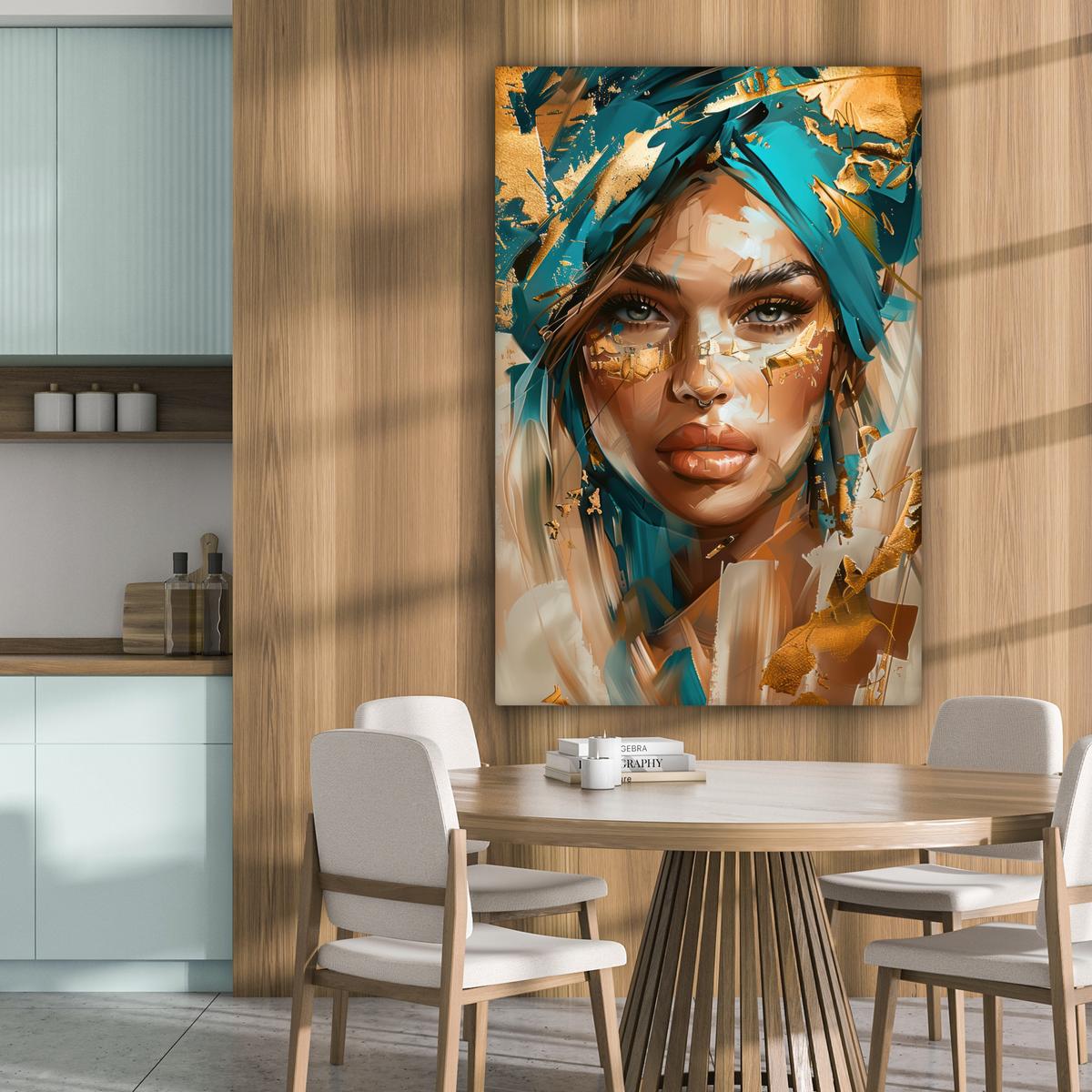 LEINWANDBILD Frau - Porträt - Gold - Luxus - Blau Deko XXL 80x120 cm - Türkis, Textil (80/120cm) - MuchoWow