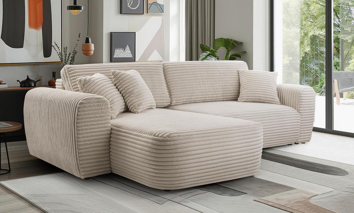 ECKSOFA VIVA Beige Kordstoff mit Schlaffunktion - Sandfarben, Holz (297/169cm) - MASSENO