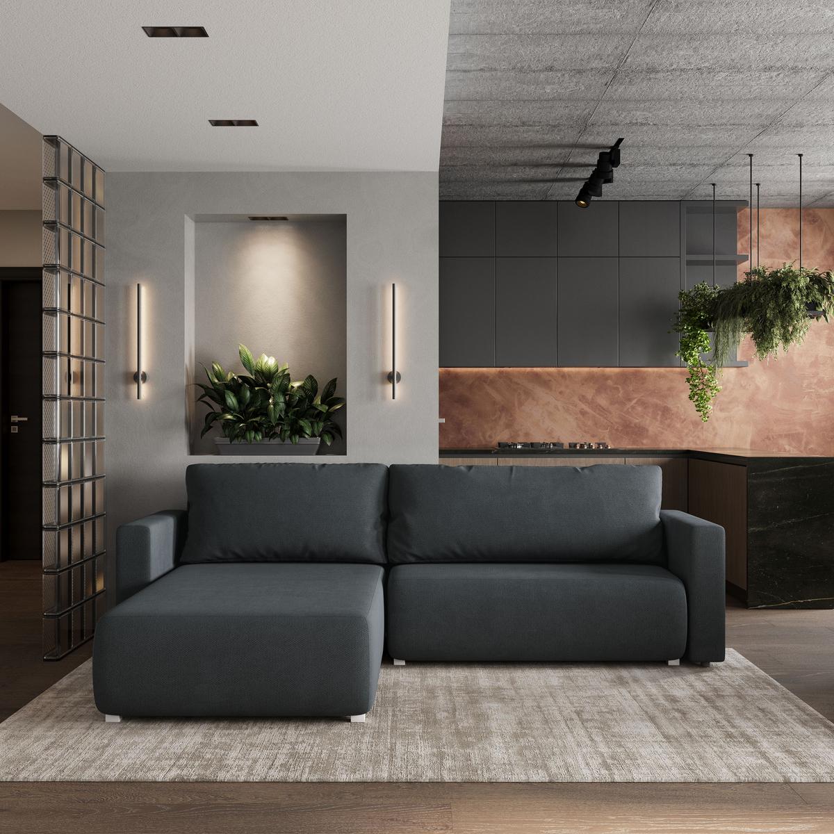 ECKSOFA TURIN Graphitfarben Geflochtener Stoff mit Schlaffunktion - Graphitfarben, Holz (265/183cm) - MASSENO