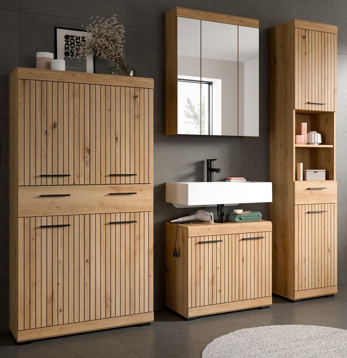 BADMÖBEL-SET Eiche Artisan 4-teilig 200 x 191 cm, Badkombination in modernem Design - Schwarz/Eiche Artisan, Glas/Holzwerkstoff (201/191/34cm) - Inn.Furn