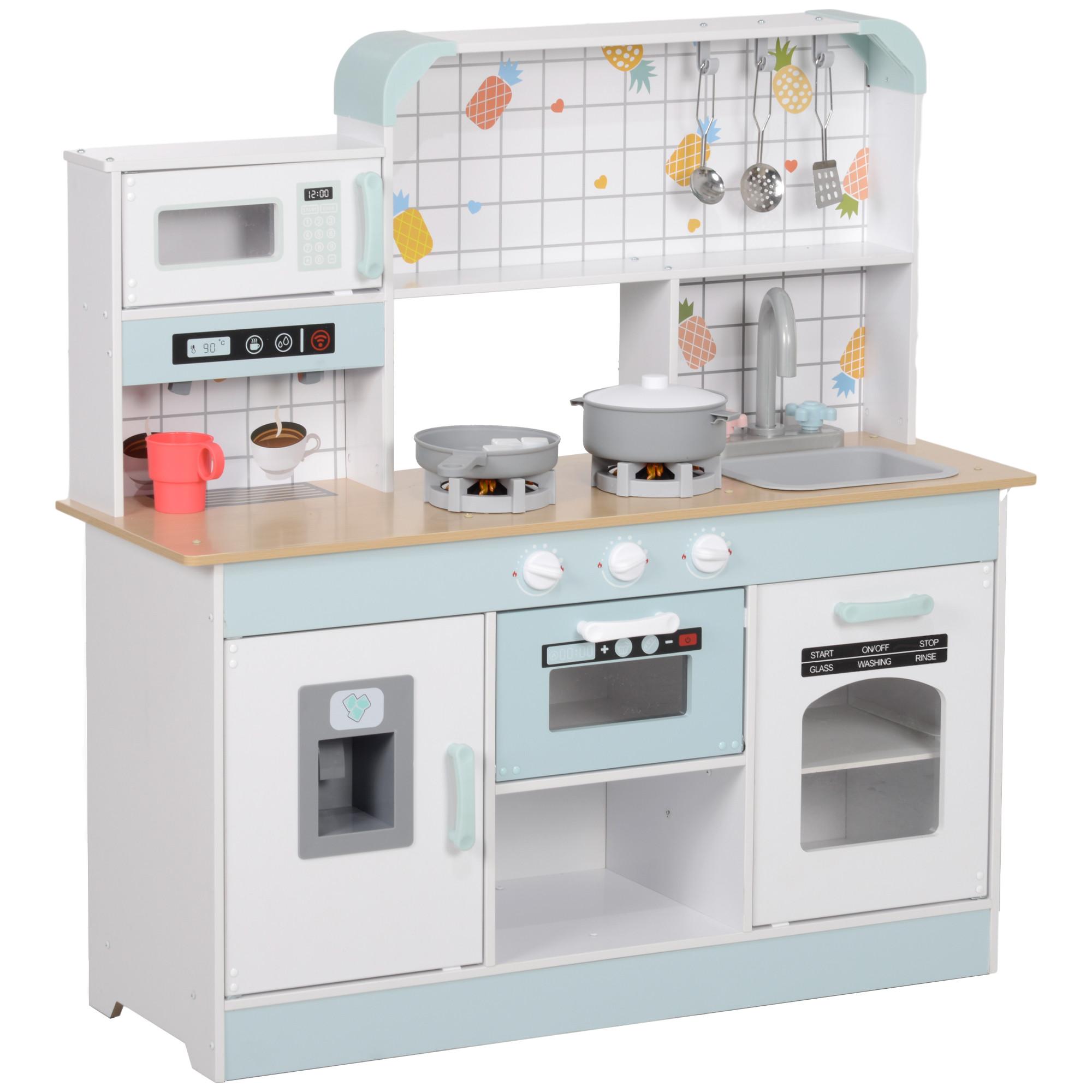KINDERKÜCHE, Spielküche mit Lichtern, Geräuschen, Kaffeemaschine, Weiß - Weiß, Holzwerkstoff (88.6/31.7/90.4cm) - AIYAPLAY