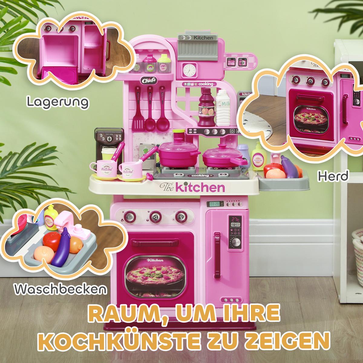 KINDERKÜCHE Spielküche mit Herd, Wasserhahn mit Druckknopf, für 3-6 Jahre, Rosa - Rosa, Kunststoff (53/22/69cm) - AIYAPLAY