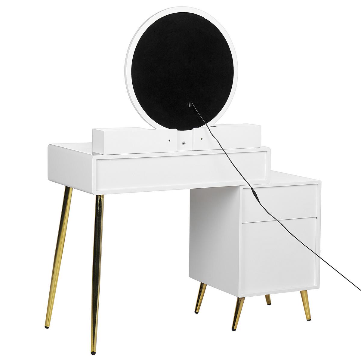 SCHMINKTISCH mit rundem LED-Spiegel Hocker 6 Schubladen weiß/gold Yves - Goldfarben/Weiß, Holzwerkstoff (98/133/38cm) - Beliani
