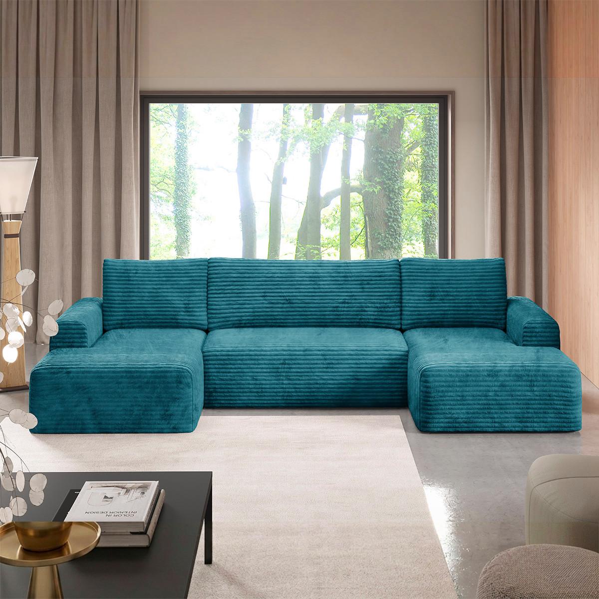 PANORAMASOFA Romeo 5 Sitzplätze Blau - Blau, Holz (345/92/163cm) - Petits-meubles