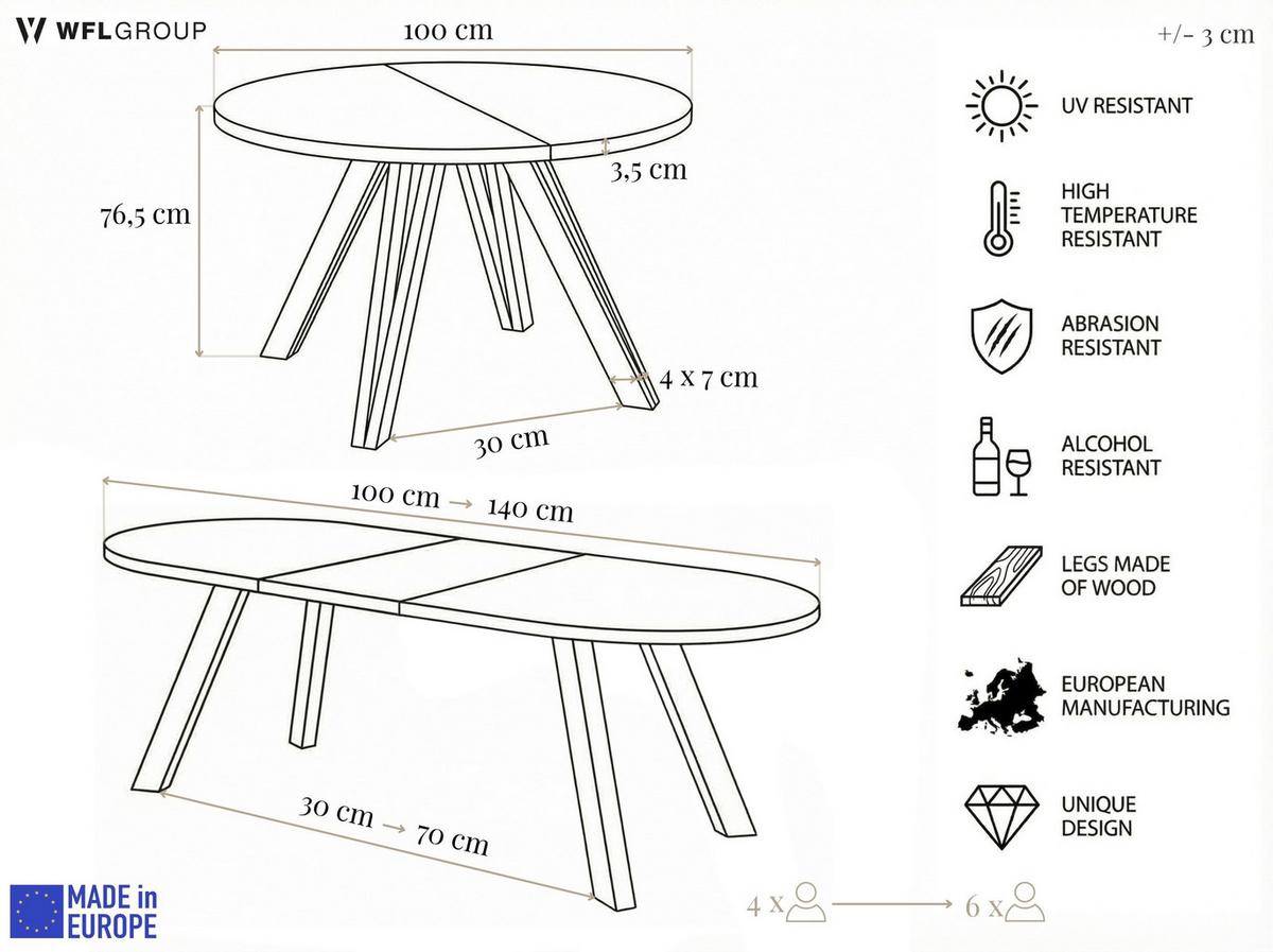 ESSTISCH Ravero runder ausziehbarer, Eiche Hell Braun 100-140/100/77 cm - Eichefarben/Schwarz, Holz/Holzwerkstoff (100/140/76.5cm) - WFL GROUP