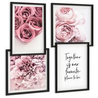 BILDER SET 4er Set - 50x50 cm & 40x60 cm Schwarzer Rahmen - Blumensträuße mit Rosen, Hausinschrift - Schwarz, Kunststoff (50/50cm) - TULUP
